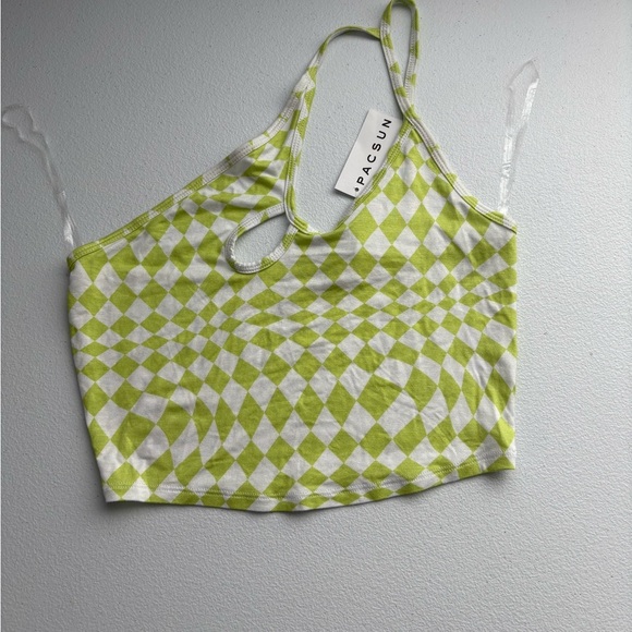 PacSun Green and White Cropped Tank Top with Cut Out Style - Picture 1 of 4